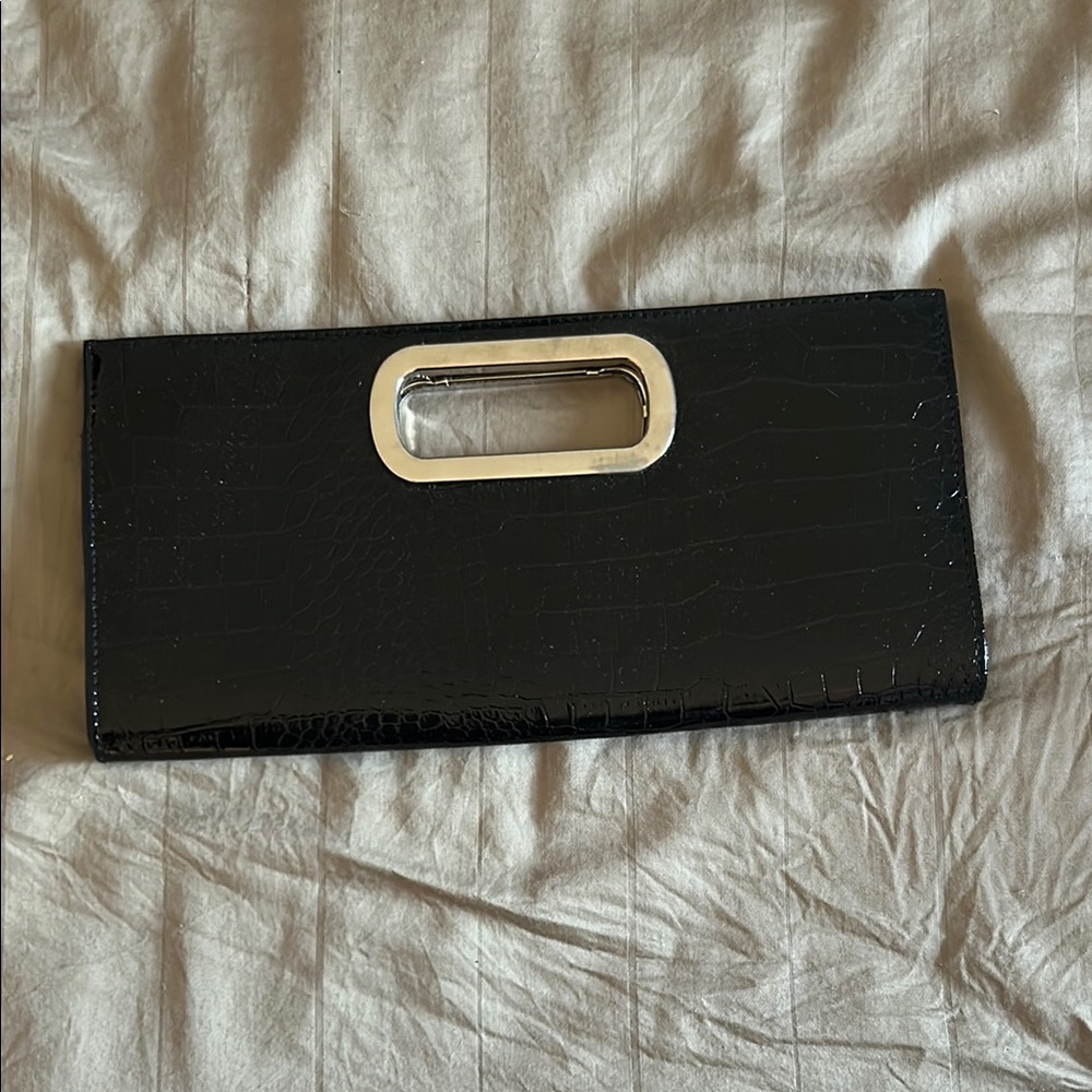 Black Crocodile Embossed Clutch with Silver Accent Faux Leather